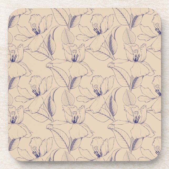 Delicate lily pattern leaves line art tan purple coaster (Front)