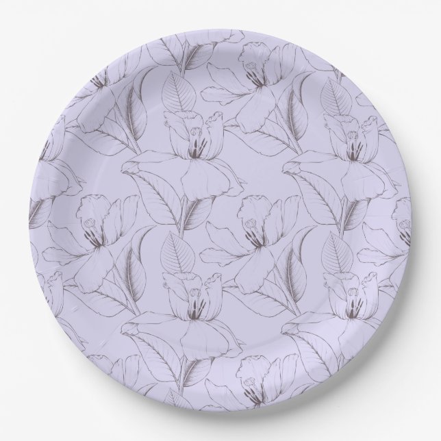 Delicate lily pattern leaves stems line art lilac paper plate (Front)