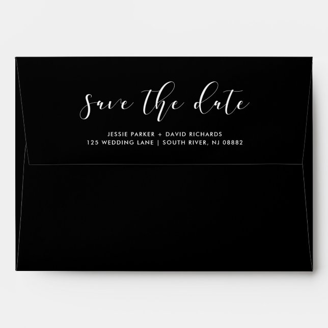 Delicate Love | Calligraphy Save the Date on Black Envelope (Back (Top Flap))
