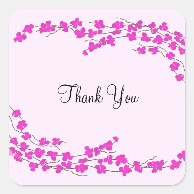 Delicate Magenta Blossoms Thank You Square Sticker (Front)
