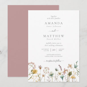 Delicate Mauve Watercolor Pressed Flowers Wedding Invitation