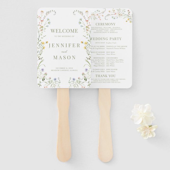 Delicate Meadow Wildflower Wreath Wedding Program Hand Fan (Front and Back)