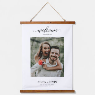 Delicate Minimal Script Photo Wedding Welcome Hanging Tapestry