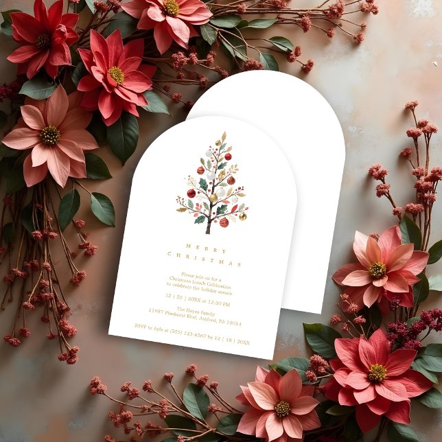 Delicate Minimalist Chic Winter Christmas Tree Invitation (Minimalist Chic Winter Christmas Tree Holiday Party Invitations Cards in Digital Watercolor.)