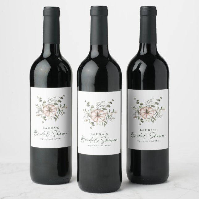 Delicate Minimalist Rustic Pumpkin Bridal Shower Wine Label (Bottles)