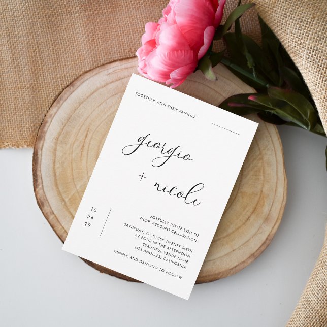 Delicate Minimalist Script Black and White Wedding Invitation (Creator Uploaded)