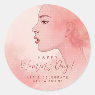 Delicate Minimalist Woman Pink Happy Women's Day  Classic Round Sticker