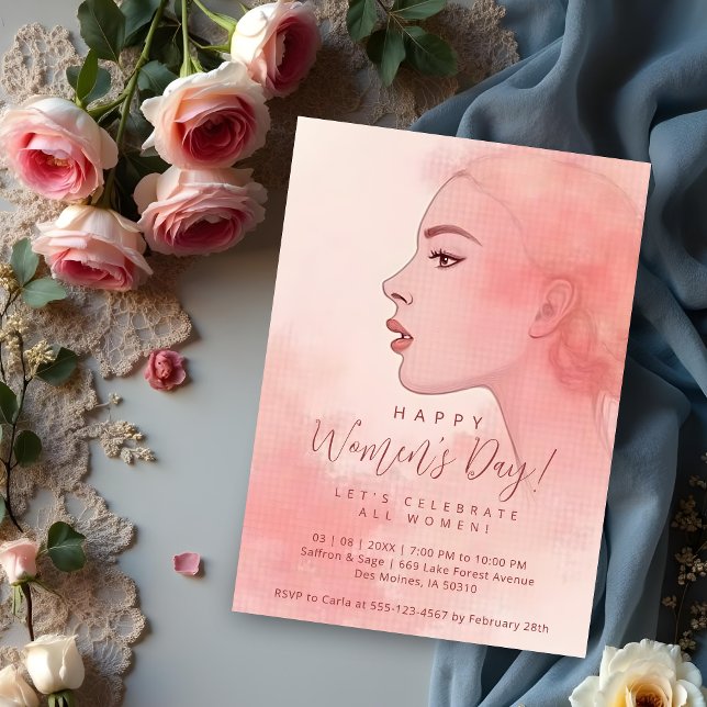 Delicate Minimalist Woman Pink Happy Women's Day Invitation (Delicate Minimalist Woman in Pink Happy Women's Party Invitations Cards. Let's Celebrate All Women.)