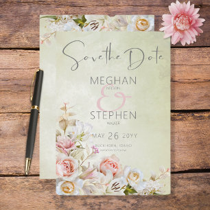Delicate Modern Pink Blush Rose & Lily Green Save The Date