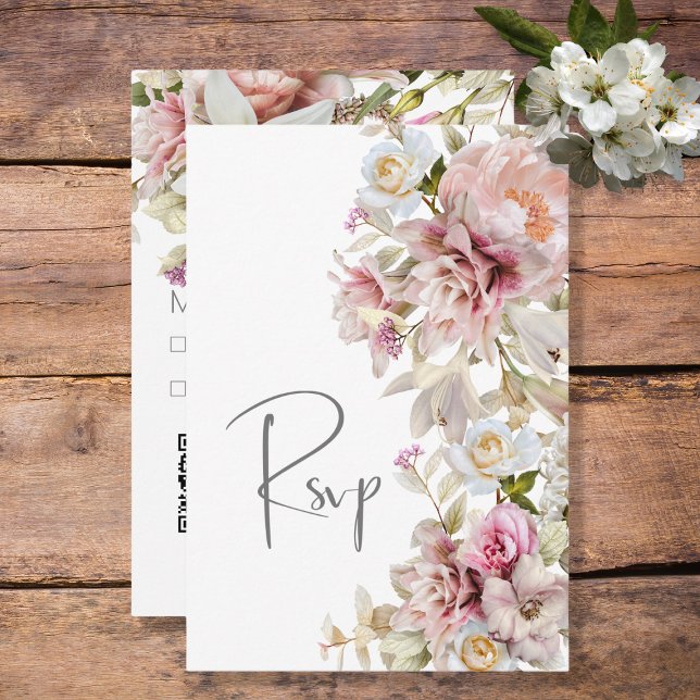 Delicate Modern Pink Blush Rose & Lily Wedding RSVP Card (Creator Uploaded)