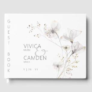Delicate Modern White Grey & Gold Floral Wedding Guest Book
