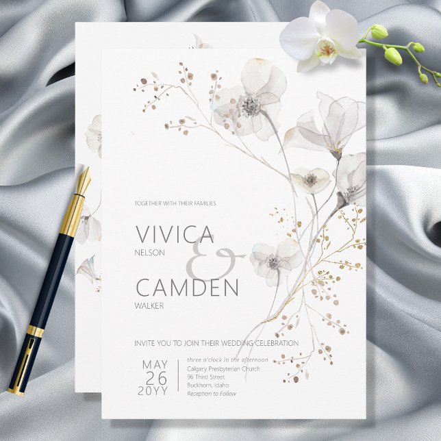 Delicate Modern White Grey & Gold Floral Wedding Invitation (Creator Uploaded)