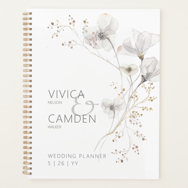 Delicate Modern White Grey & Gold Floral Wedding Planner (Front)