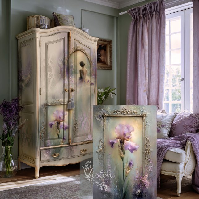 Delicate Moments Purple Iris Gold Ornate Frame Tissue Paper (Iris print leaning against vintage sage painted armoire lavender French bedroom setting)