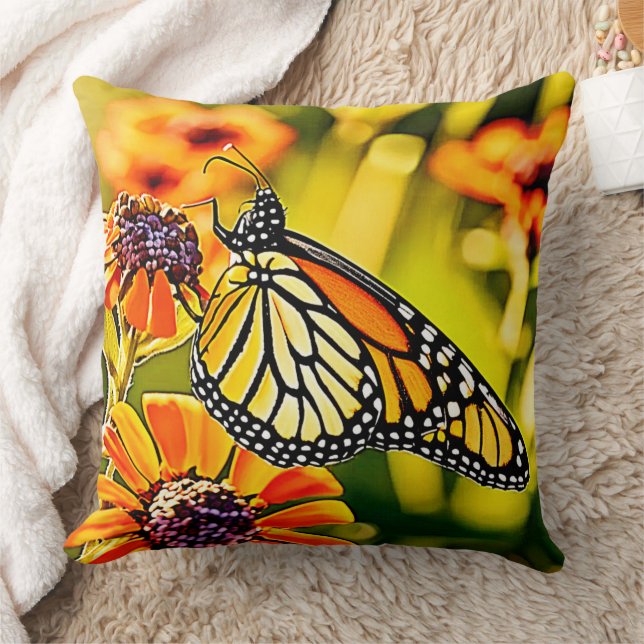 Delicate Monarch Butterfly Bloom Design Throw Pillow (Blanket)