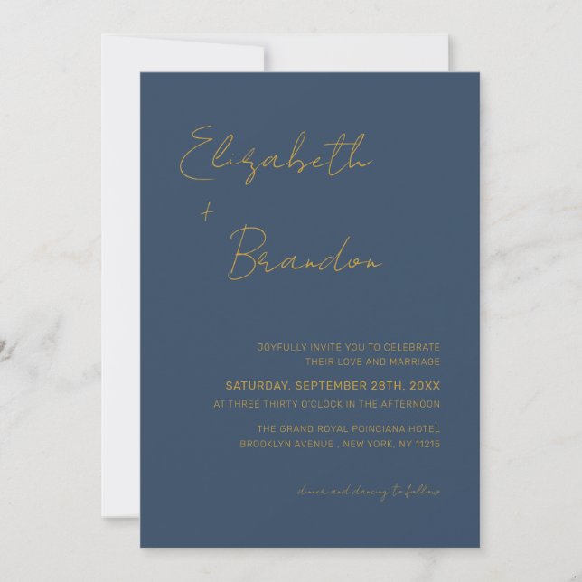 Delicate Navy Blue Gold QR Code RSVP Wedding Photo Invitation (Front)