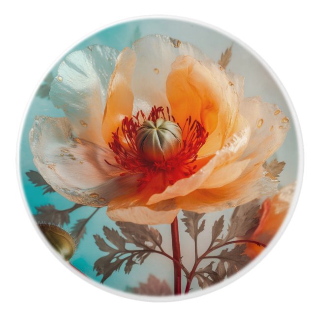 Delicate Orange Flower  Ceramic Knob (Front)