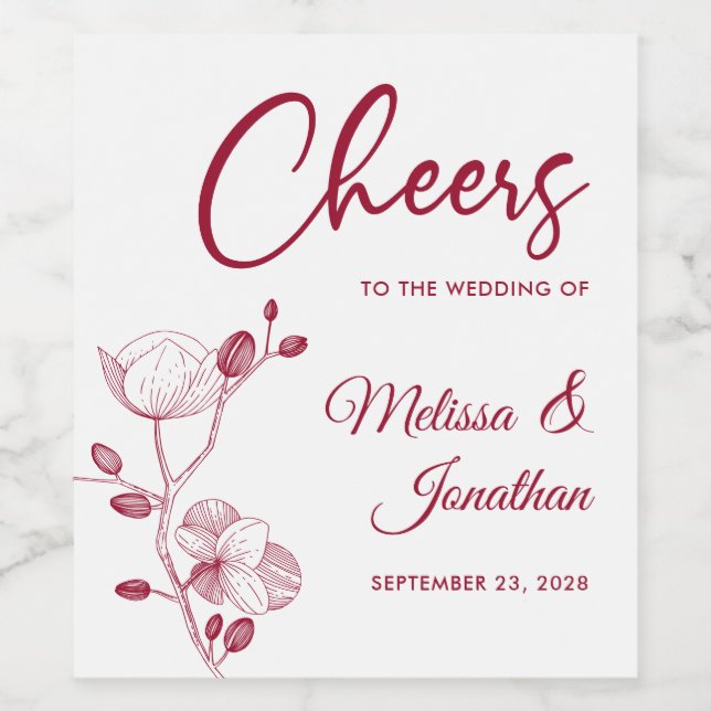 Delicate orchid cheers to the wedding red custom wine label (Single Label)
