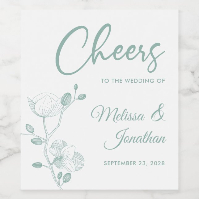 Delicate orchid cheers to wedding green custom wine label (Single Label)