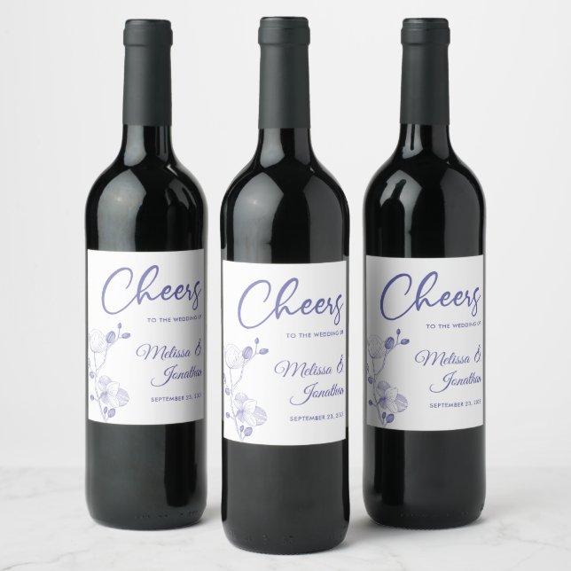 Delicate orchid cheers to wedding purple custom wine label (Bottles)