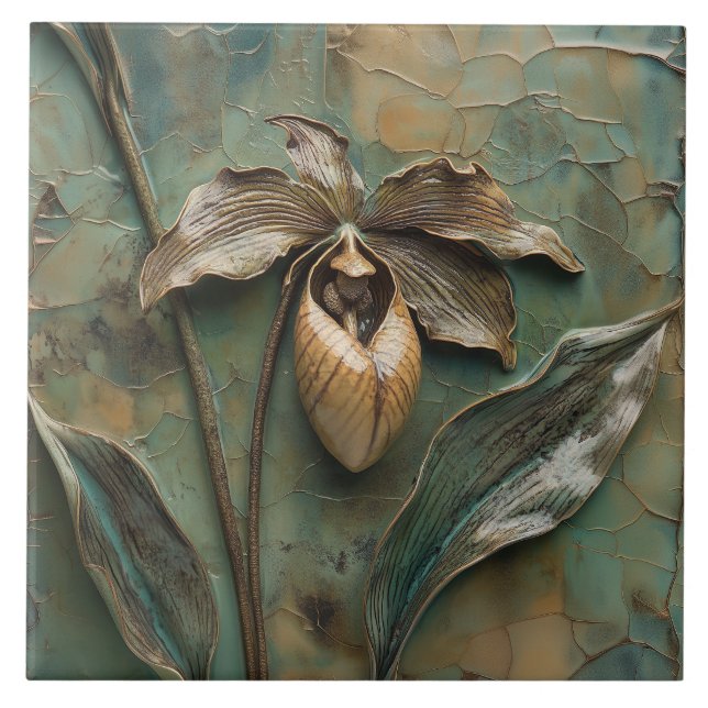 Delicate Orchid Lady Slipper Flower Faux Relief  Tile (Front)