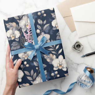 Delicate Orchids on Deep Navy — Refined Luxury Wrapping Paper
