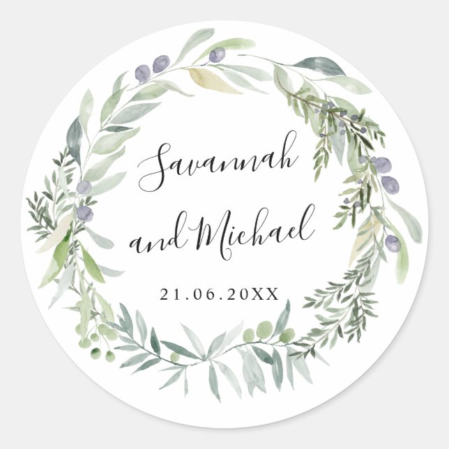 Delicate painted olive and leaves wedding monogram classic round sticker (Front)