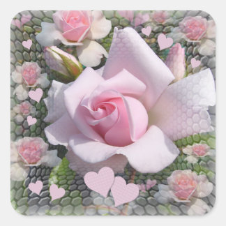 Delicate Pale Pink Rose with Hearts Square Sticker