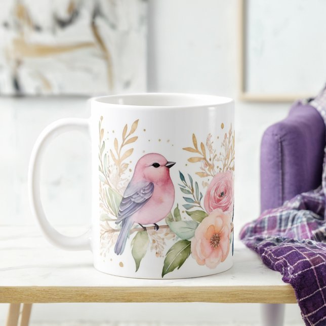 Delicate Pastel Birds and Glitter Floral Coffee Mug (Creator Uploaded)