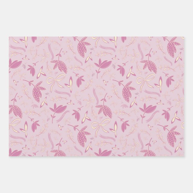 Delicate Pastel Florals and Bows Wrapping Paper Sheet (Front)