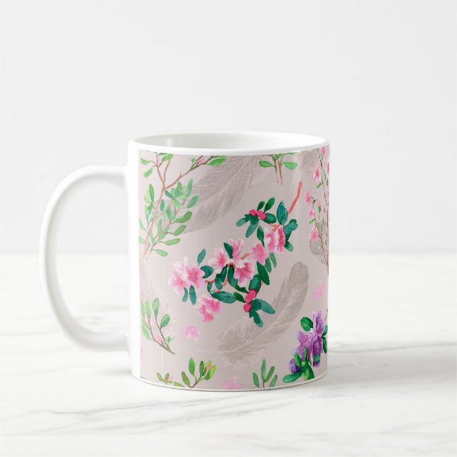 Delicate pattern with rhododendron flowers and fea coffee mug (Left)