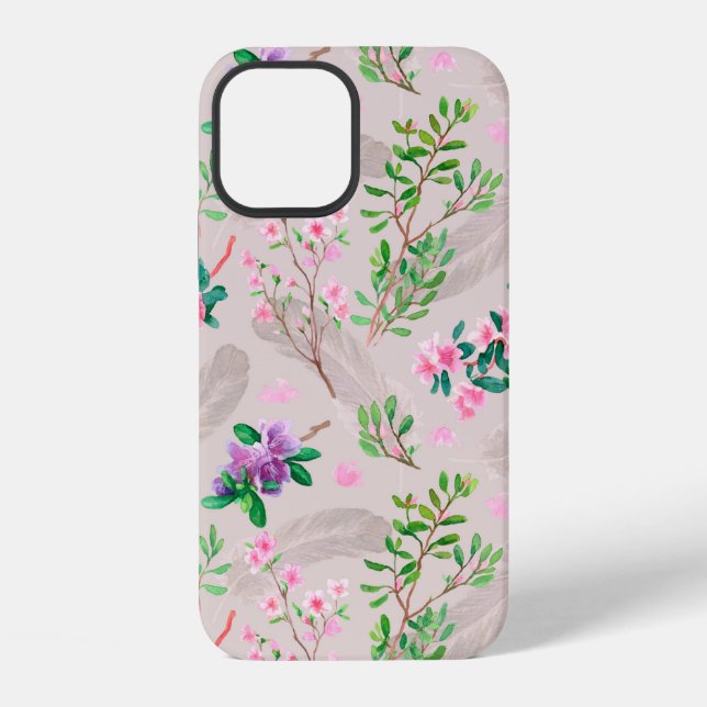 Delicate pattern with rhododendron flowers and fea iPhone case (Back)