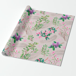 Delicate pattern with rhododendron flowers and fea wrapping paper