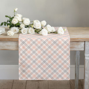 Delicate Peach Coral and Grey Tartan Pastel Plaid Long Table Runner