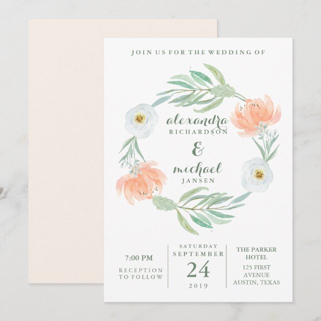 Delicate Peach Floral and Eucalyptus | Wedding Invitation (Front/Back)