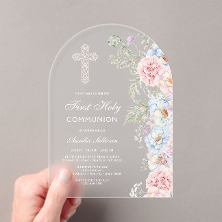 Delicate Peonies Arch First Communion Acrylic Invitations