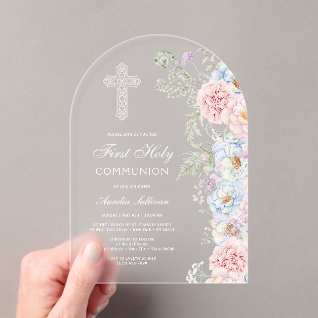 Delicate Peonies Arch First Communion Acrylic Invitations (Insitu (Handheld))