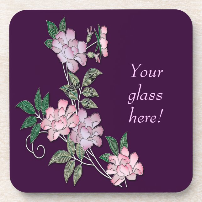 Delicate peonies elegant floral pattern with text coaster (Front)