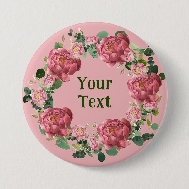 Delicate Peony Flower Wreath Lapel Badge 3 Inch Round Button (Front)