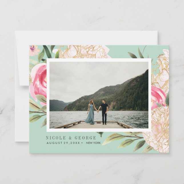 Delicate Peony gold flowers photo save the date Announcement (Front)