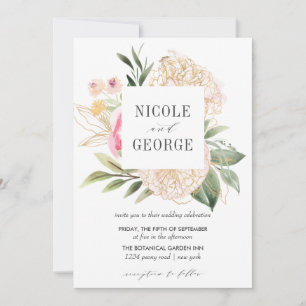 Delicate Peony Gold Geometric Watercolor wedding Invitation