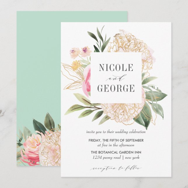 Delicate Peony Gold Typography Watercolor wedding Invitation (Front/Back)