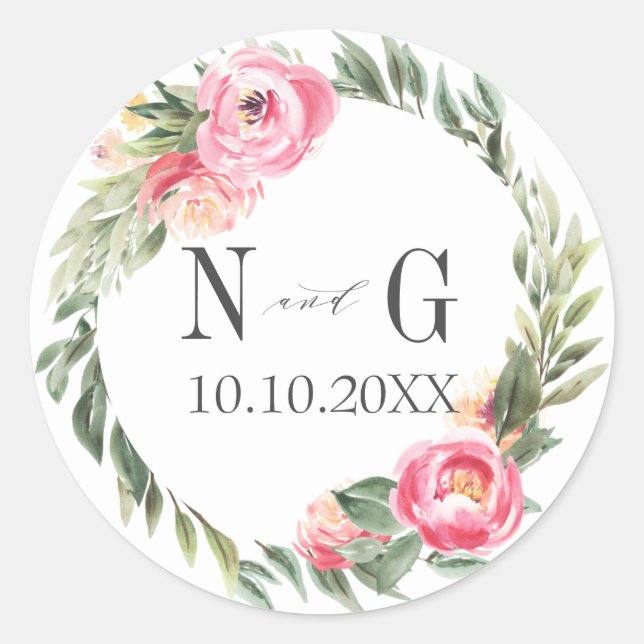 Delicate Peony Typography Chic Monogram Wedding Classic Round Sticker (Front)