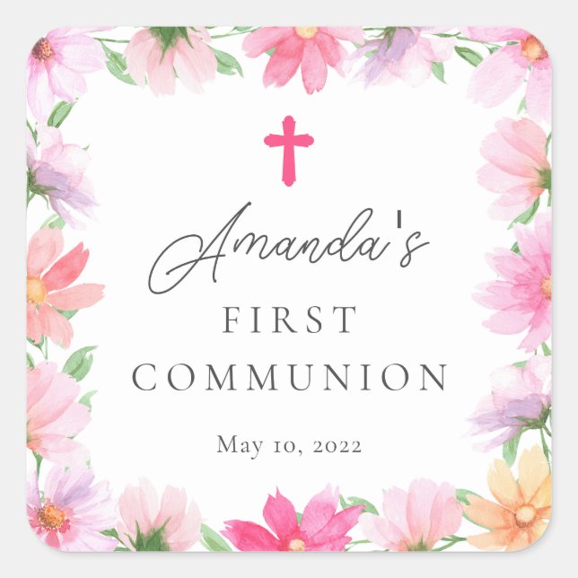 Delicate Petals First Holy Communion  Square Sticker (Front)