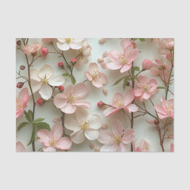 Delicate Pink Blossoms on White Background Tissue Paper (Front)