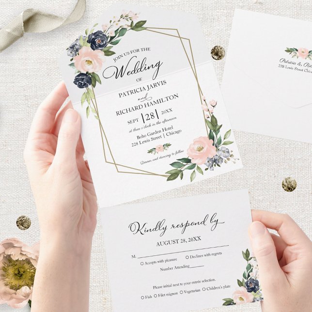 Delicate Pink Blue Floral Geometric Wedding All In One Invitation (Creator Uploaded)