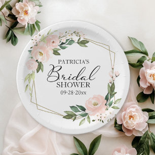 Delicate Pink Blush Floral Geometric Bridal Shower Paper Plate
