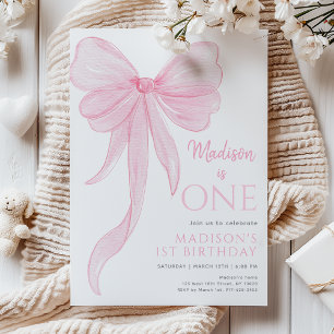Delicate Pink Bow Girl First Birthday Invitation