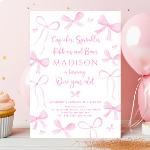 Delicate Pink Bows First Birthday Invitation