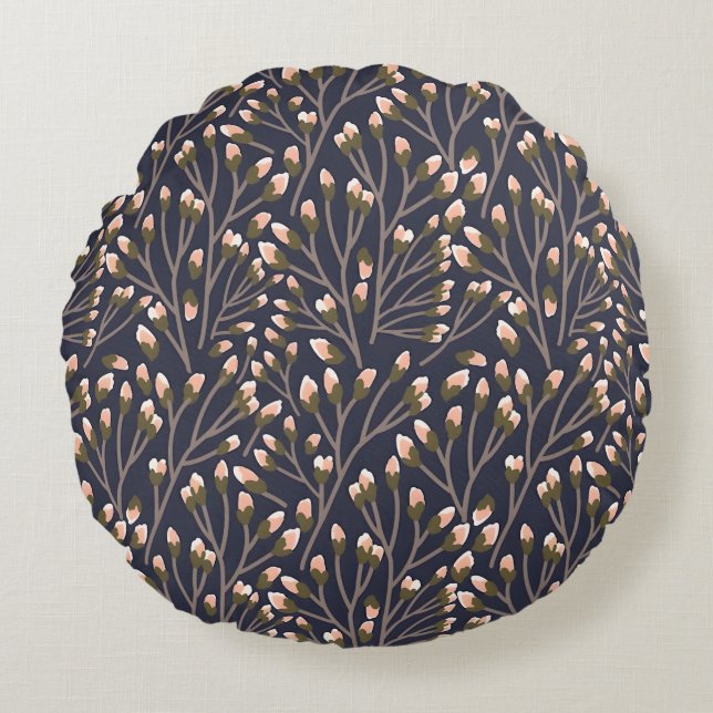Delicate Pink Buds on Brown Branches Round Pillow (Front)